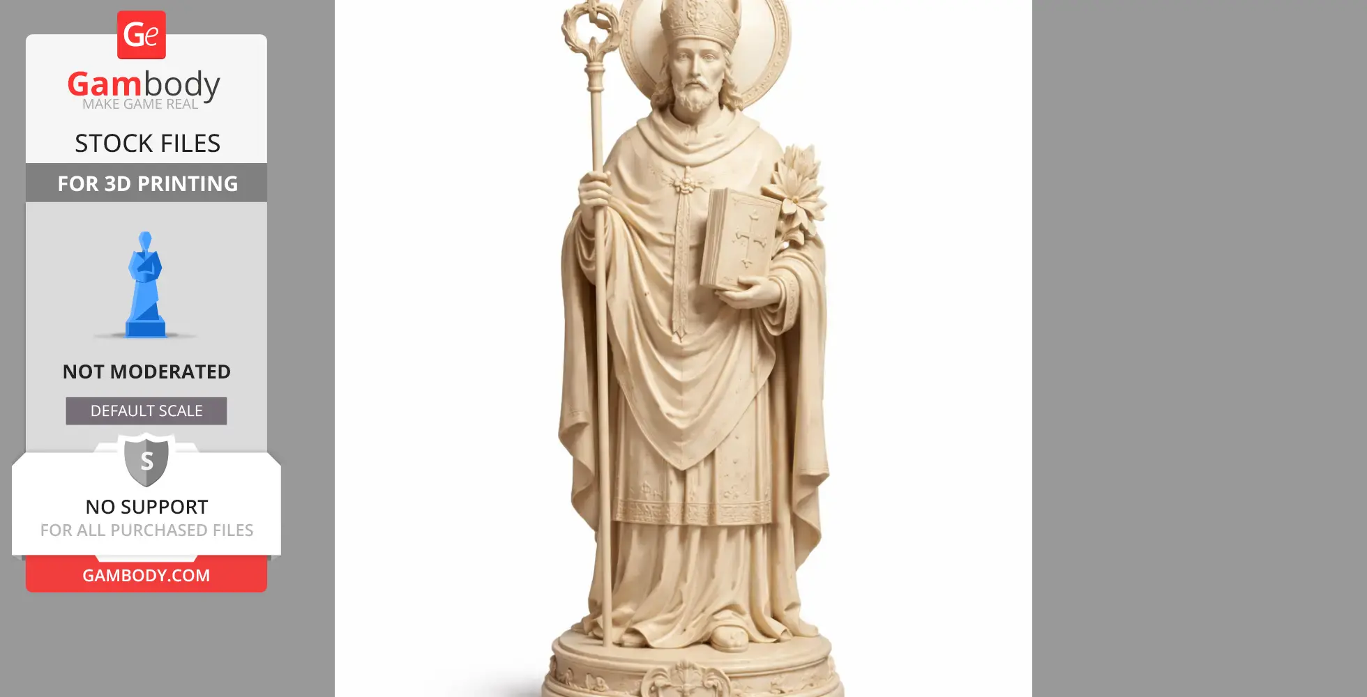 A detailed statue of a bearded saint holding a staff and book, wearing a mitre and robe, with a halo.