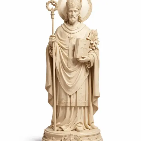 A figure of a robed saint holding a staff and book, with a halo and detailed base.
