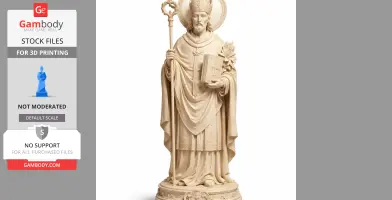 A detailed statue of a bearded saint holding a staff and book, wearing a mitre and robe, with a halo.