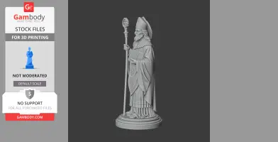 A detailed 3D model of Saint Auspicius of Trier holding a staff, in religious attire, ready for 3D printing.