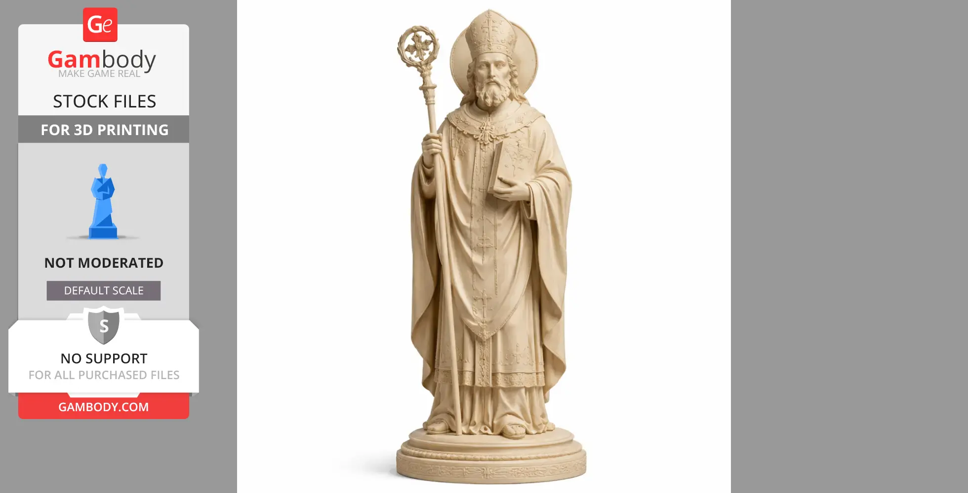 A detailed 3D statue of a saint holding a staff and a book, wearing ornate robes and a mitre.