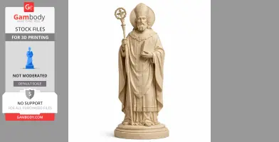 A detailed 3D statue of a saint holding a staff and a book, wearing ornate robes and a mitre.