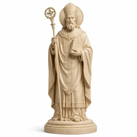 A detailed 3D model of Saint Auspicius holding a staff, wearing ornate religious robes and a mitre.