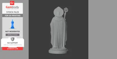 A cloaked figure with a halo and staff, standing on a round pedestal.