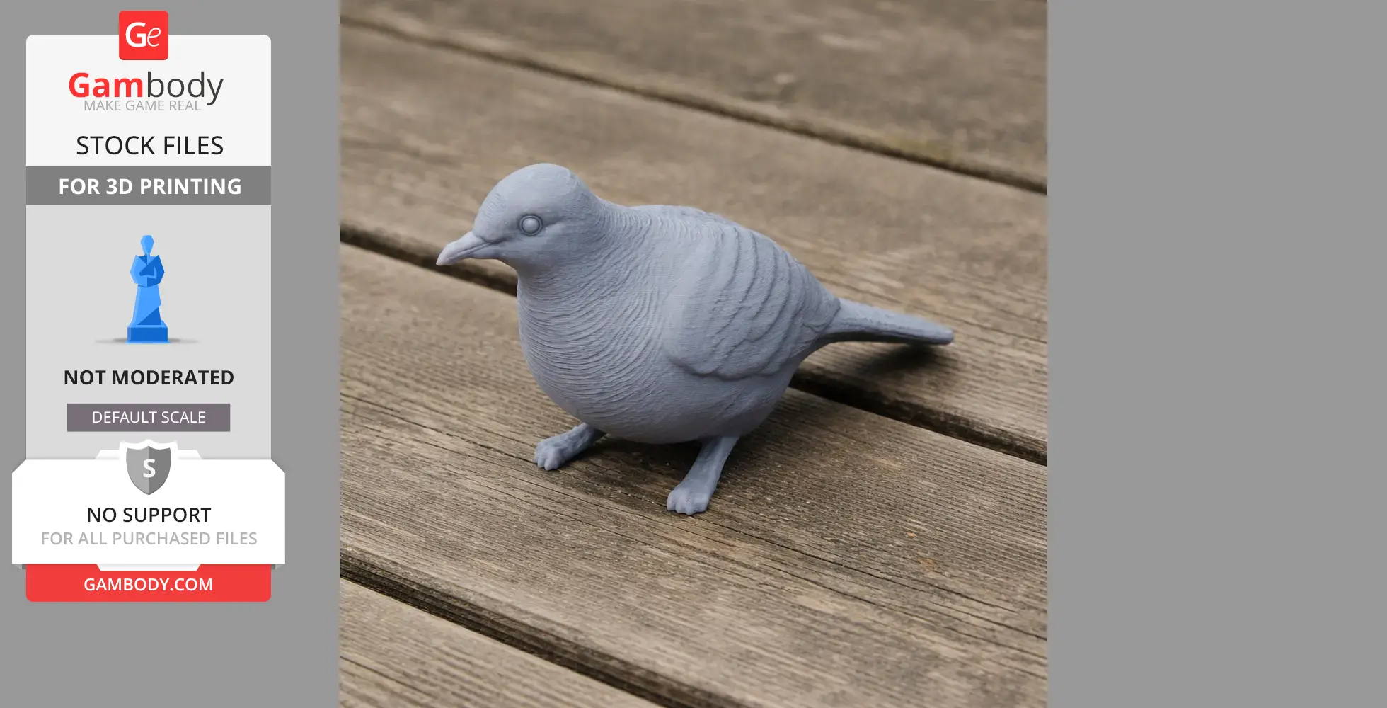 Gray 3D-printed barred dove model with detailed feathers on a wooden surface.