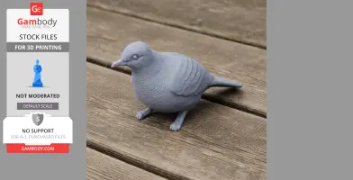 Gray 3D-printed barred dove model with detailed feathers on a wooden surface.