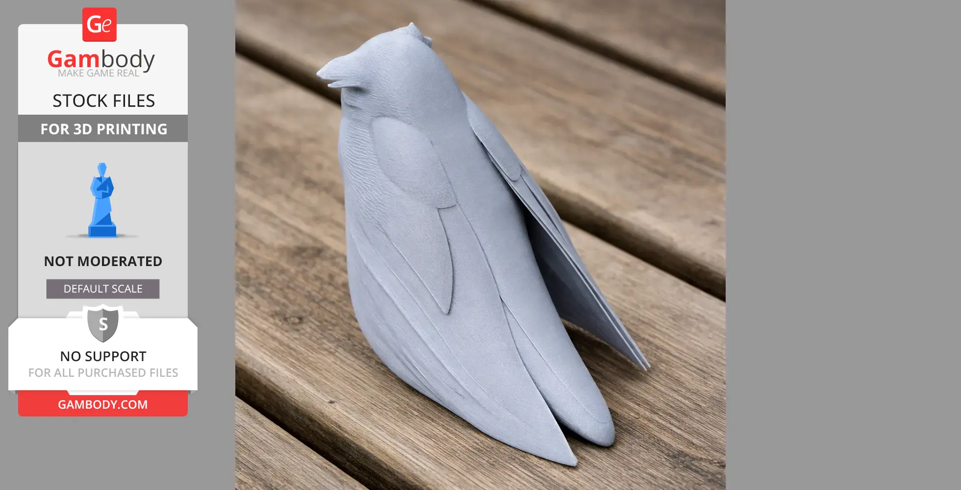 A 3D printed model of a barred eagle-owl with wings folded, shown from the back on a wooden surface.