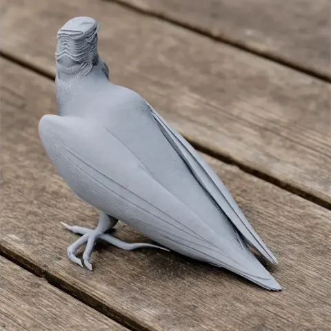 3D model of a barred honey buzzard, shown in a neutral gray, standing on a wooden surface.