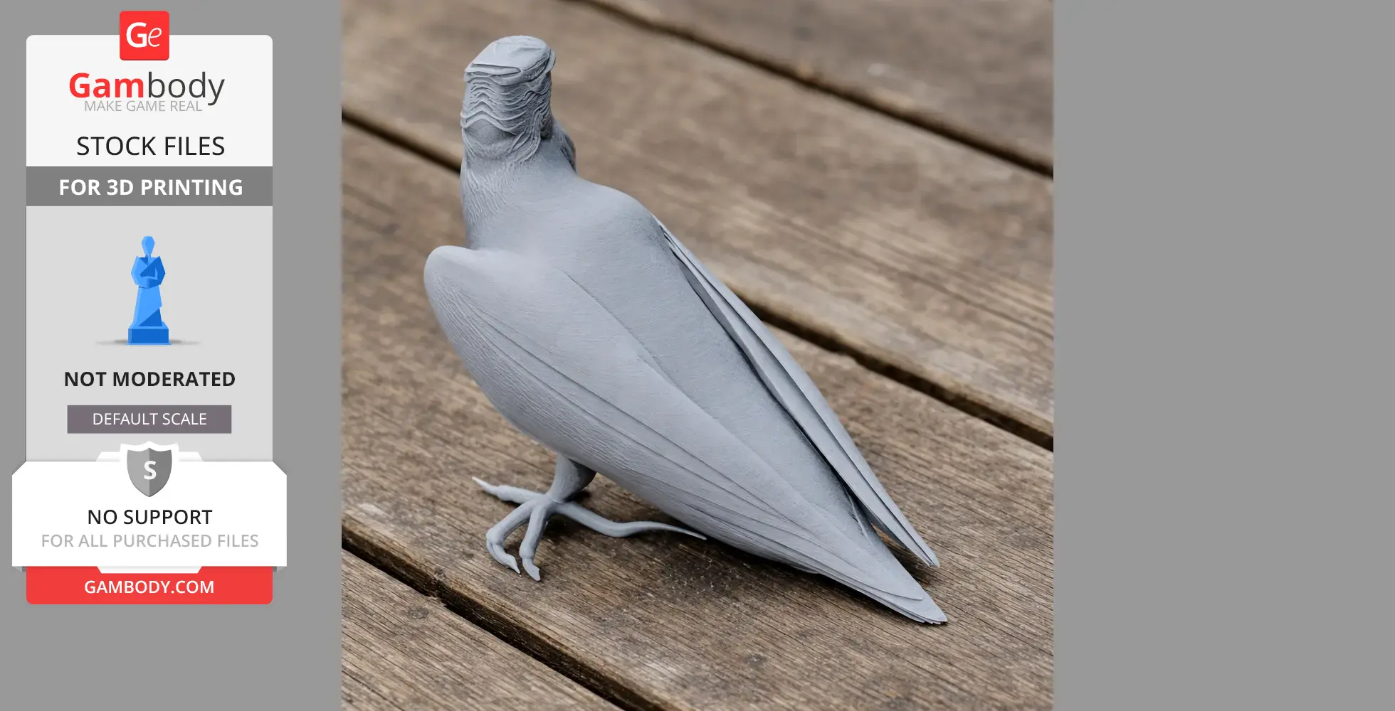 Gray 3D-printed model of a barred honey buzzard, detailed with feathers, perched on a wooden surface.