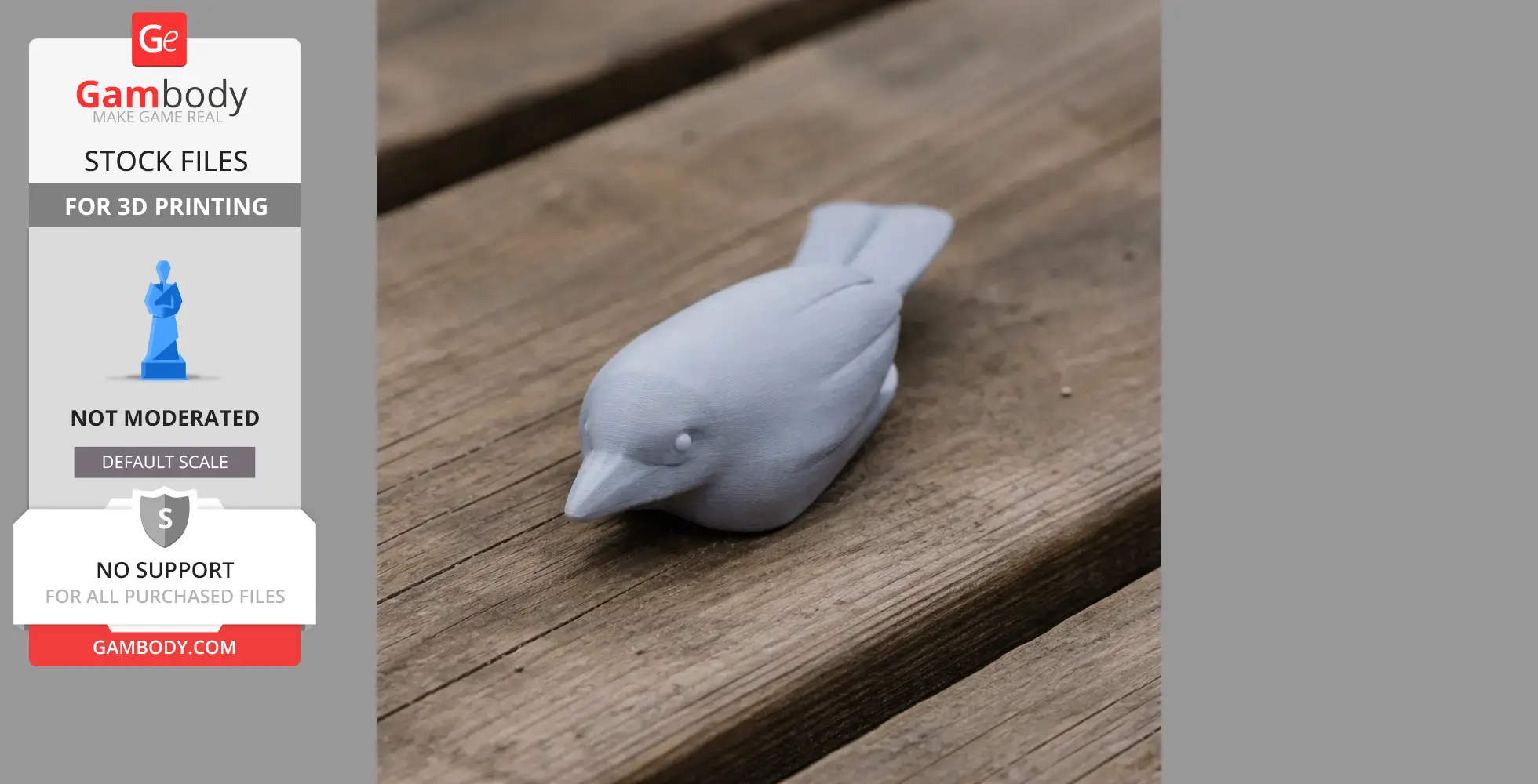 3D printed model of a bird, resembling a small, smooth sculpture on a wooden surface.