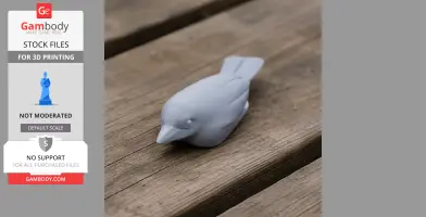 3D printed model of a bird, resembling a small, smooth sculpture on a wooden surface.