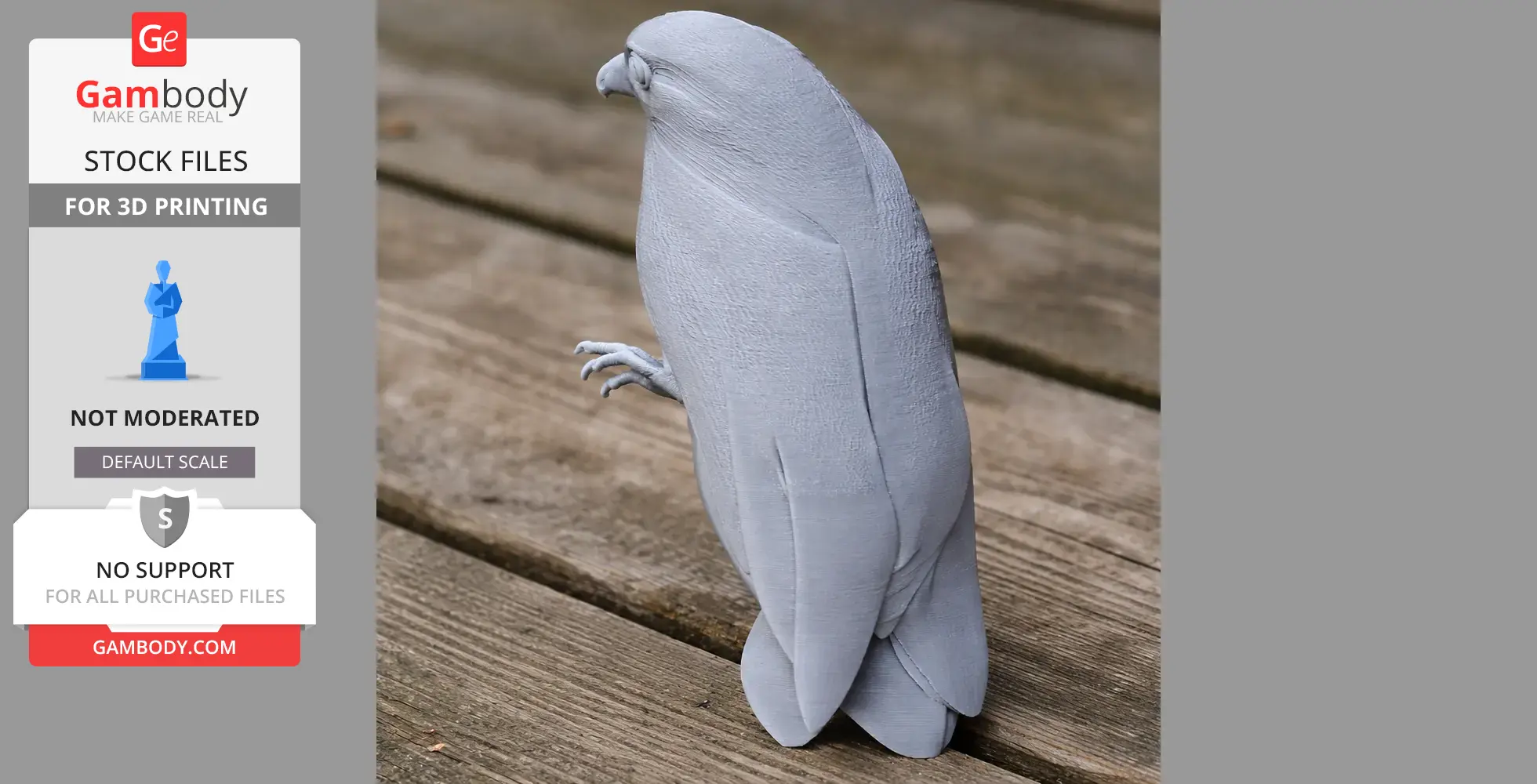 A gray 3D printed model of a barred owlet-nightjar standing on a wooden surface.