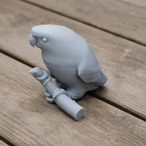 Gray 3D-printed barred parakeet model perched on a cylindrical stand.