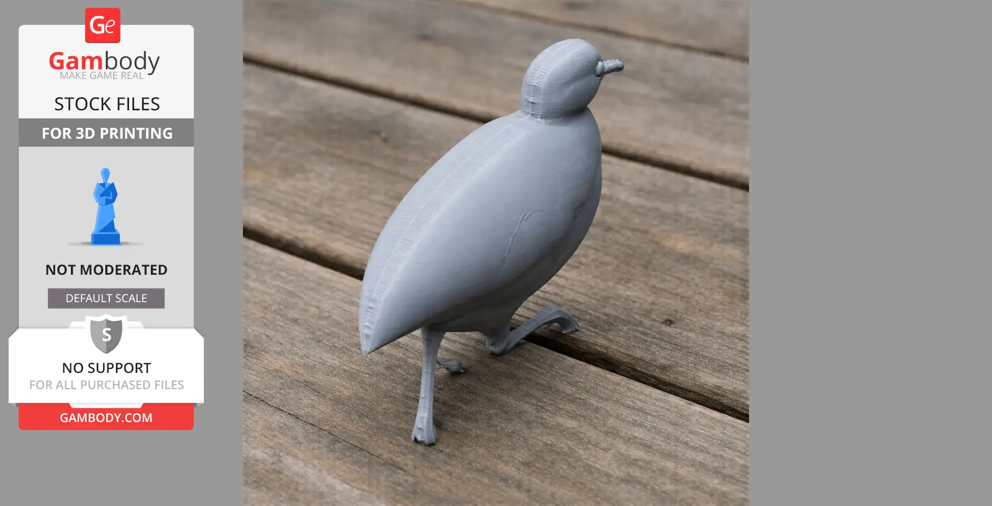 3D printed model of a barred tinamou bird on wooden planks.