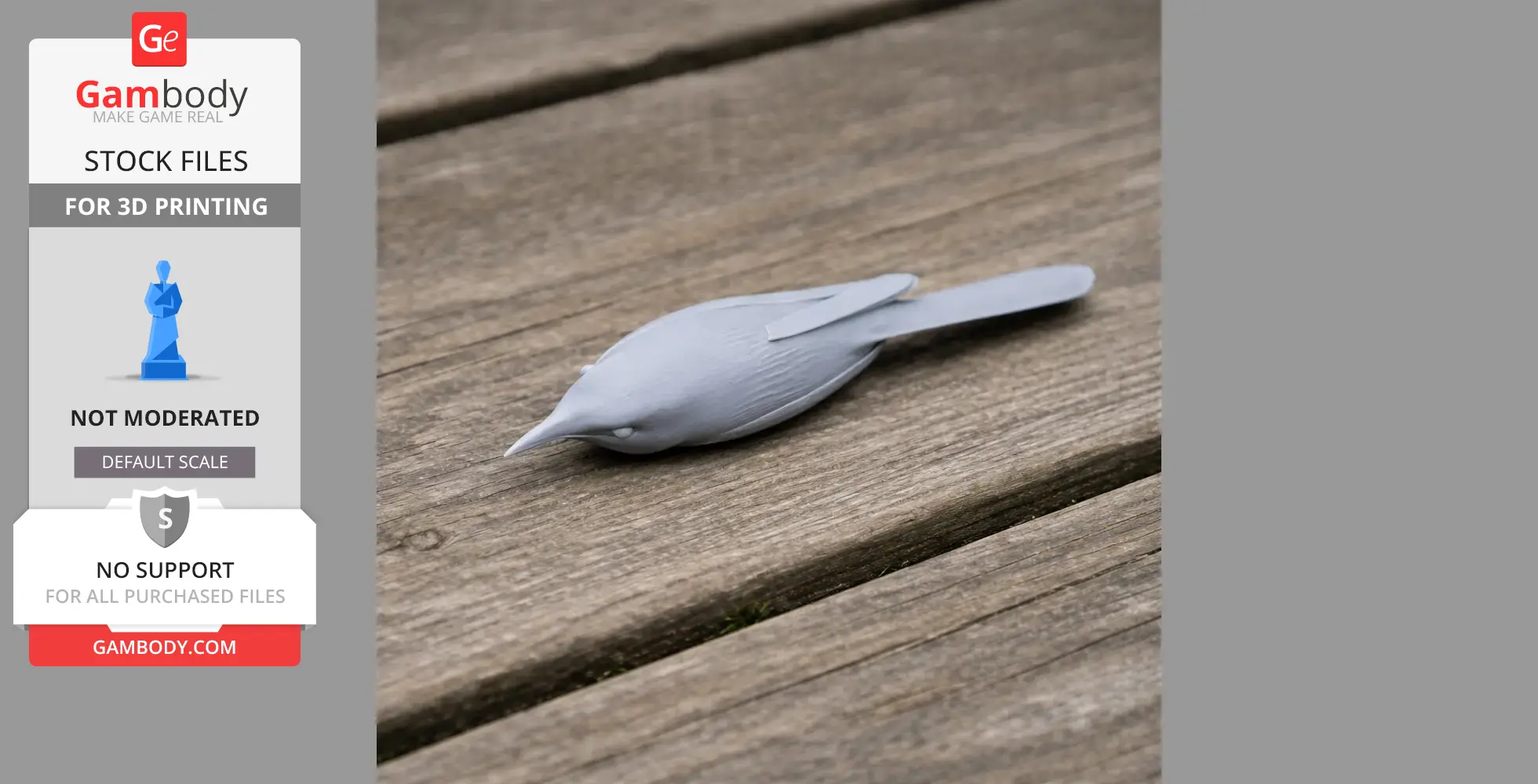 Gray 3D model of a barred wren-warbler on a wooden surface.