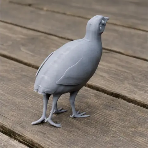 A 3D-printed model of a Bartlett's tinamou standing on a wooden surface.
