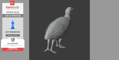 A grayscale 3D model of a bird with a rounded body and long legs, designed for 3D printing.