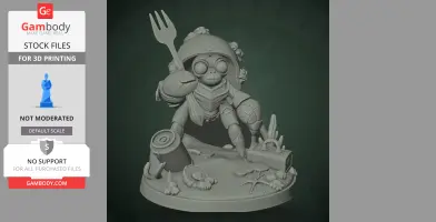 Crab-like character holding fork with sea-themed base, ready for 3D printing.