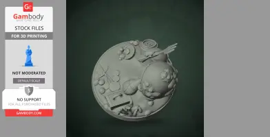 A detailed crab character on a circular base with various small items and textures around it.