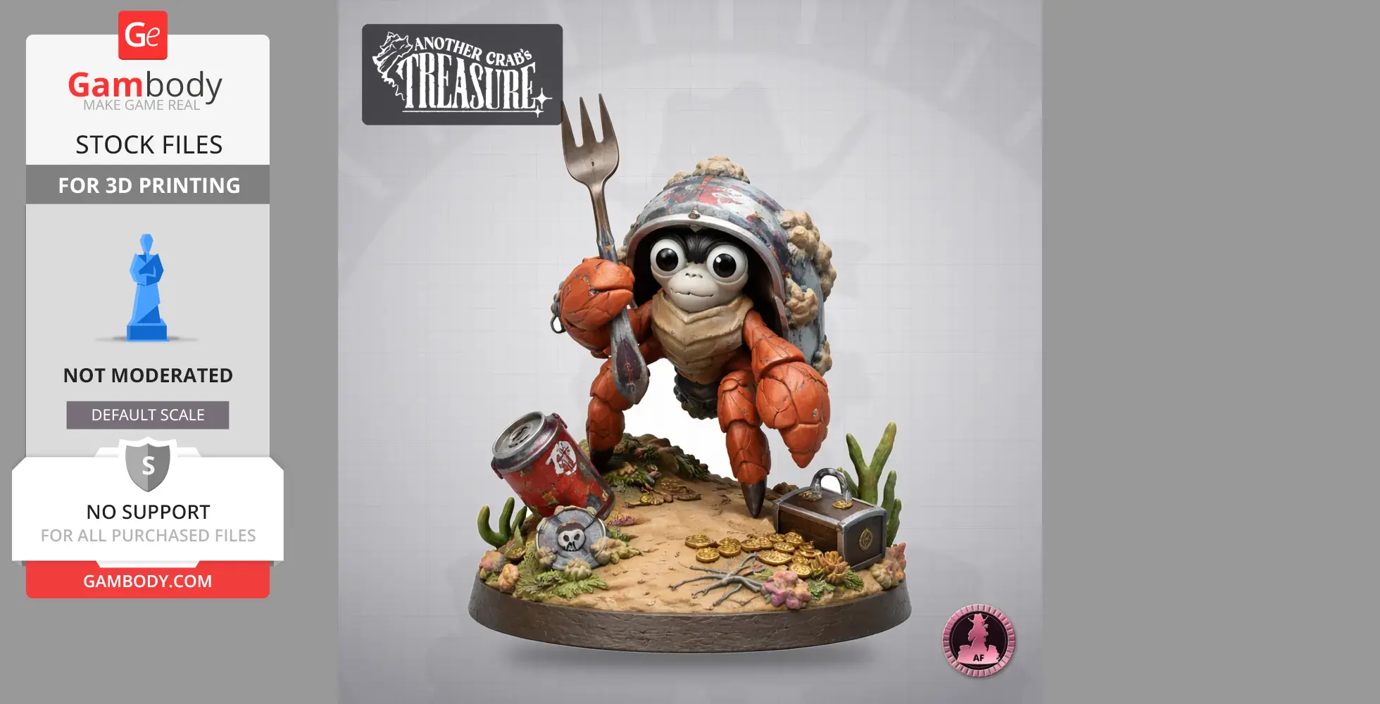A cartoon crab with a helmet holds a fork, surrounded by coins, a can, and a treasure chest on sandy terrain.