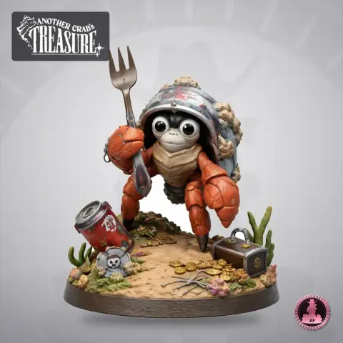 A cartoon crab with googly eyes, holding a fork, on a base with treasure and a soda can.