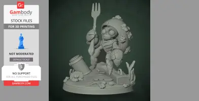 A whimsical crab character holding a fork, surrounded by sea-themed objects on a base.