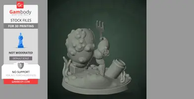 A crab-like figure with a fork and can on a textured base, designed for 3D printing.