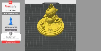 A cute cartoonish lamb character with a crown, holding a weapon, surrounded by small details on a round base.