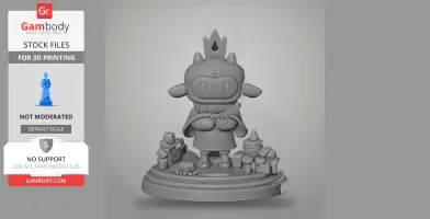 Cute lamb character figure in robe with crown, holds a dagger, surrounded by small decorative objects.