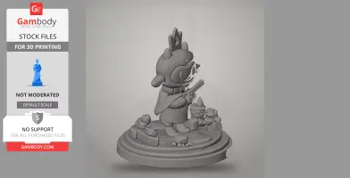 Cartoon lamb figure with a crown, surrounded by rocks and structures, on a round base.