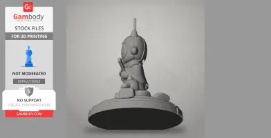 A 3D model of a stylized character with large eyes and a cape, holding an object, standing on a round base.