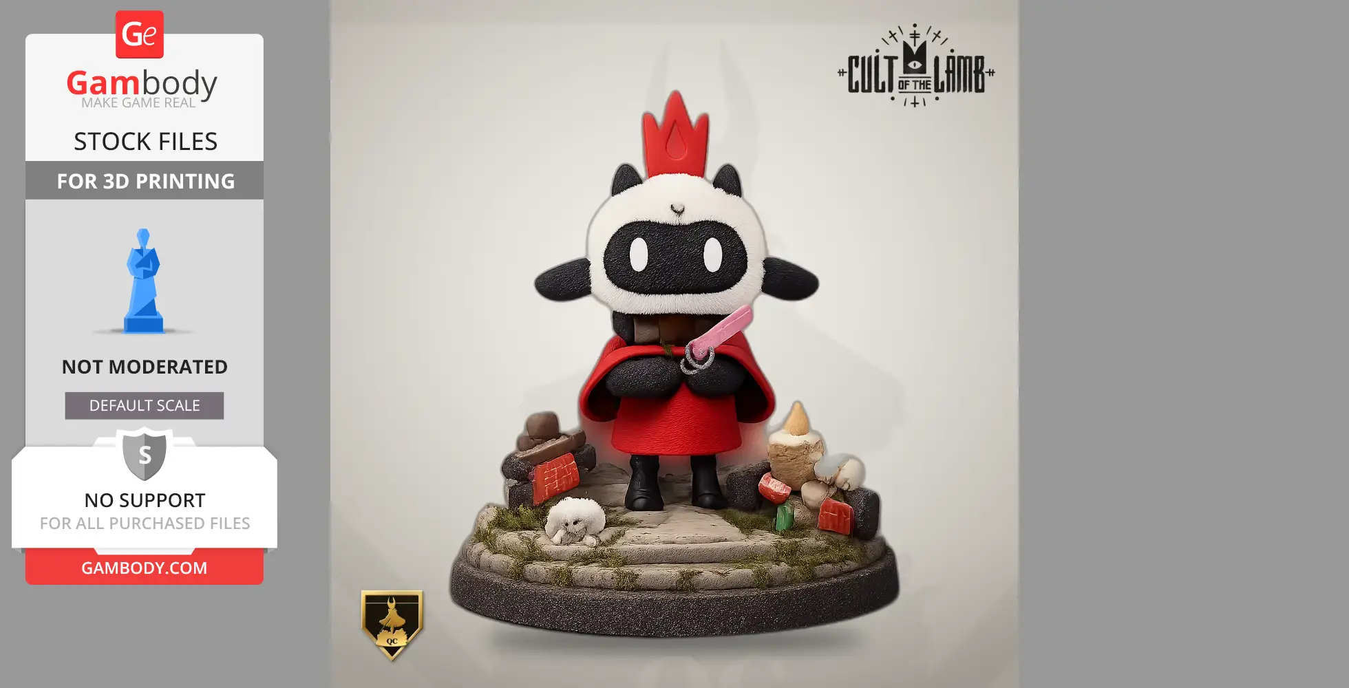 Cute cartoon lamb in a red robe, holding a dagger, standing on a detailed base with small figures.