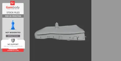 3D model of a Dartmoor longhouse with a sloping roof and small windows, ready for 3D printing.