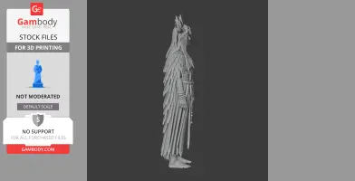 A 3D model of a robed character with feathered wings and a headdress, designed for 3D printing.