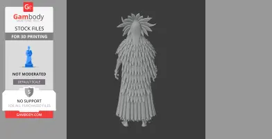 A detailed 3D model of a character wearing a feathered cloak and a headdress with horn-like elements.