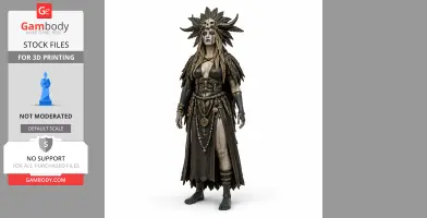 A detailed figurine of a mystical character in elaborate attire with a feathered headdress and bone ornaments.