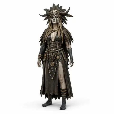 A detailed fantasy figurine with a feathered headdress, ornate dress, and necklace, ready for 3D printing.