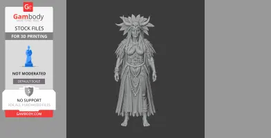 Fantasy figure with ornate headdress, long dress, detailed textures; ready for 3D printing.
