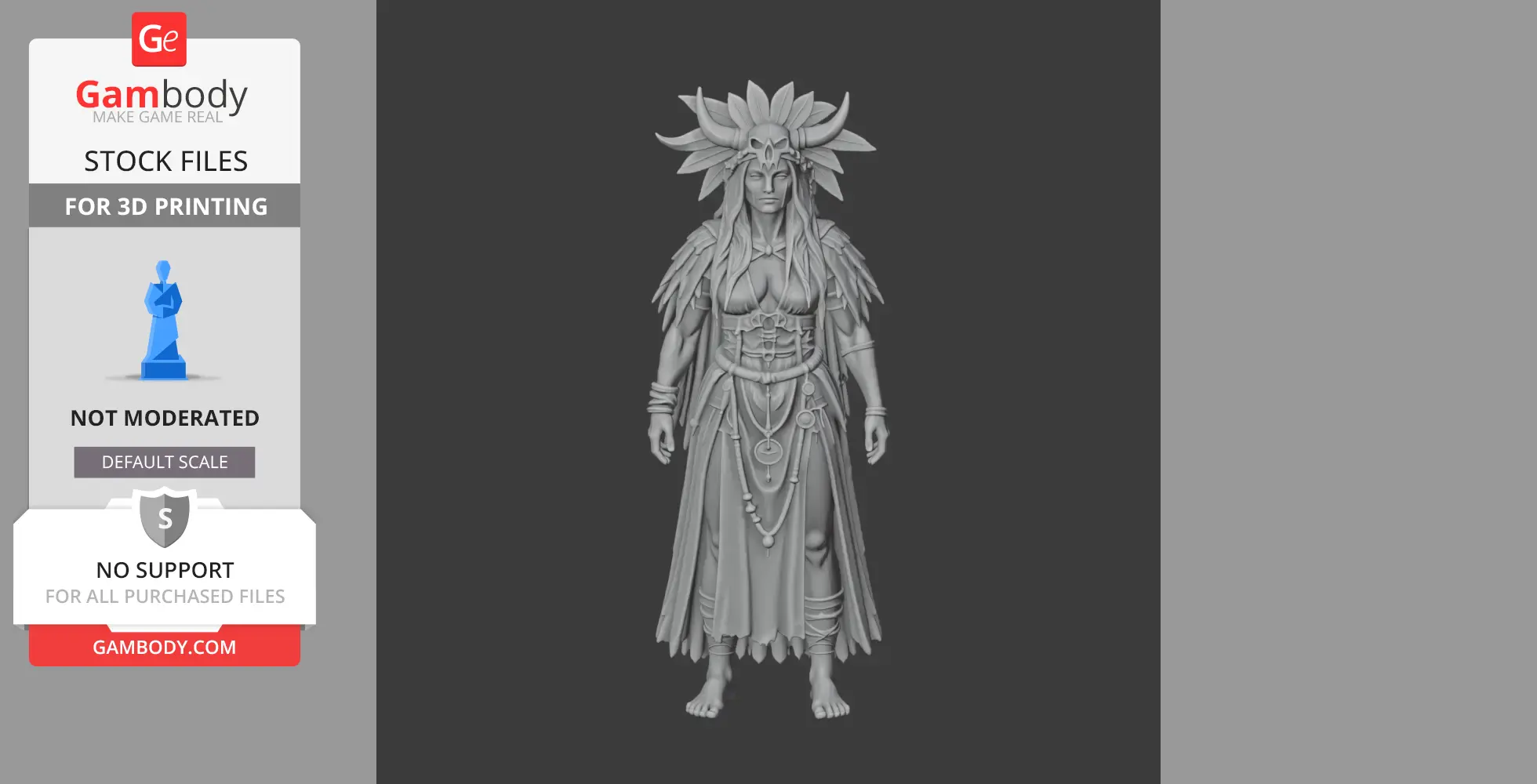 A detailed 3D model of a Valheim character with a headdress and intricate clothing, intended for 3D printing.