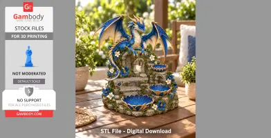 Blue and gold dragon figure on a stone structure with decorative bowls and flowers.
