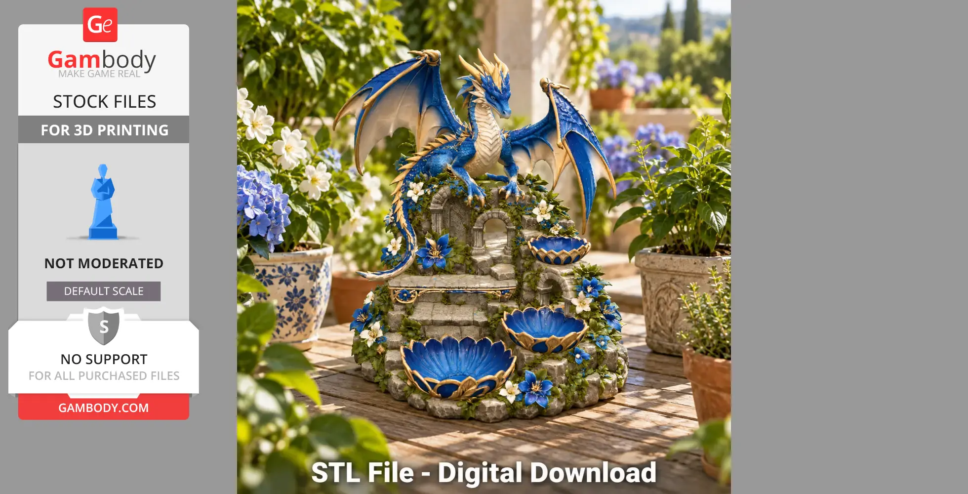 A blue and gold dragon perched on a castle-like organizer, surrounded by flowers and archways.