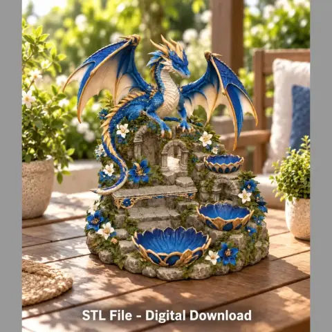 Blue and gold dragon perched on a flowered stone, serving as a decorative organizer.