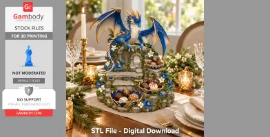 A blue and gold dragon perches on a decorative tabletop organizer, surrounded by flowers and chocolates.