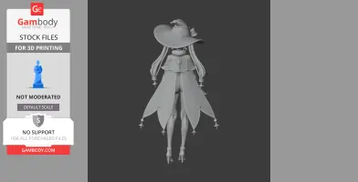 A 3D model of a character in a large brimmed hat and flowing attire, viewed from the back.