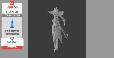 3D model of a character wearing a large hat and long cape, viewed from the side.