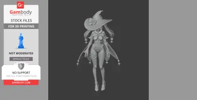 3D model of a female character in a detailed outfit and large hat, designed for 3D printing.