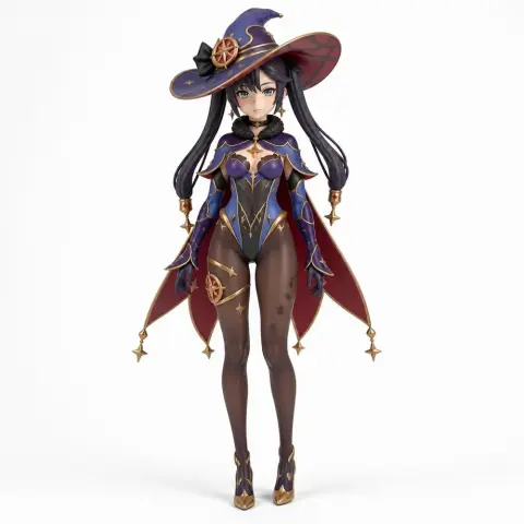 A 3D model of a female character in a detailed, mystical outfit with a large hat and flowing cape.
