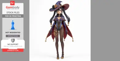 A detailed figurine of a witch-like character with a purple outfit and hat, designed for 3D printing.