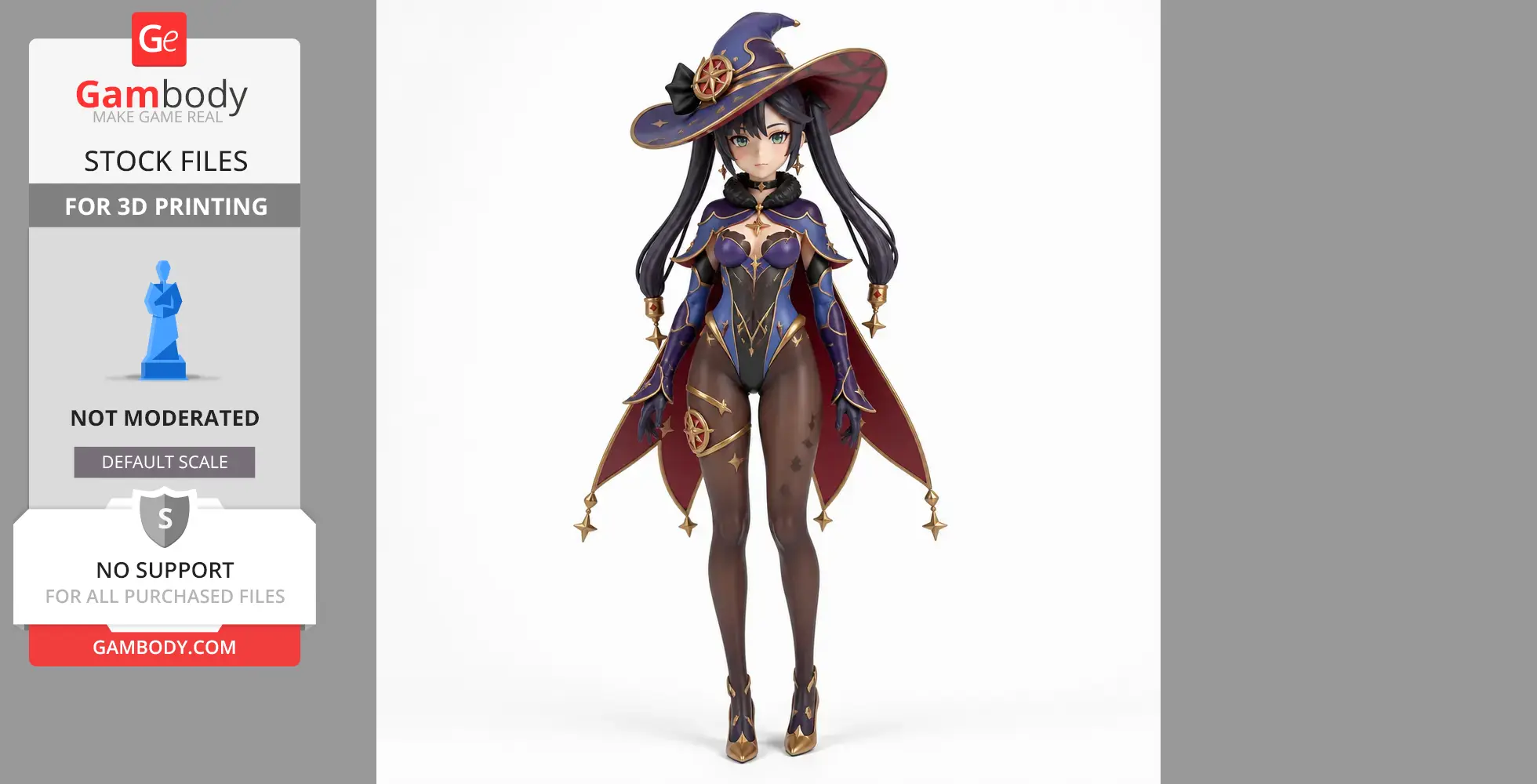 A detailed figurine of a witch-like character with a purple outfit and hat, designed for 3D printing.