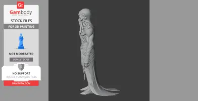 A detailed side view of a humanoid figure with alien features and draped garments, designed for 3D printing.